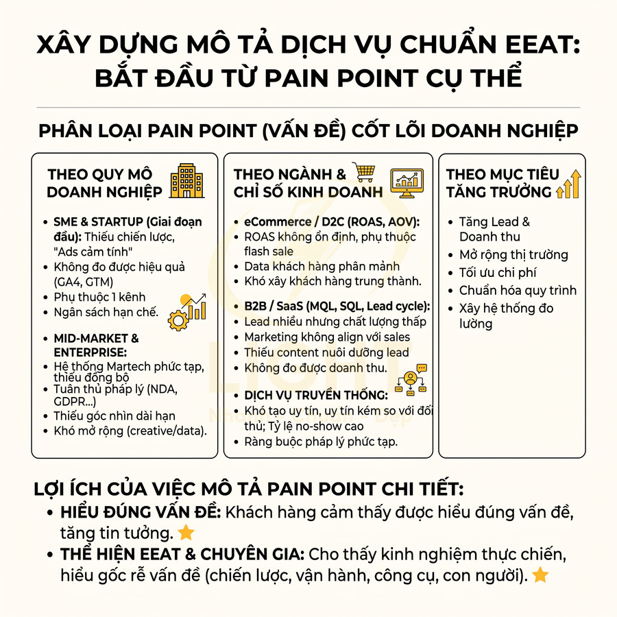 Hướng dẫn xây dựng mô tả dịch vụ chuẩn EEAT từ pain point doanh nghiệp, liệt kê vấn đề và lợi ích mô tả chi tiết