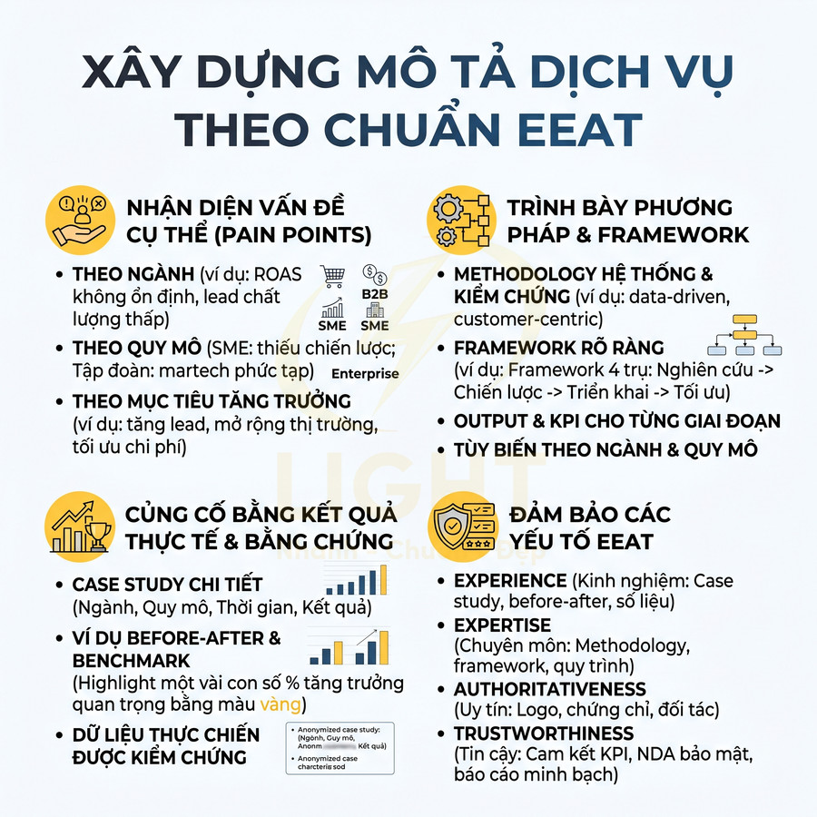 Infographic hướng dẫn xây dựng mô tả dịch vụ chuẩn EEAT với pain points, phương pháp, case study và yếu tố tin cậy
