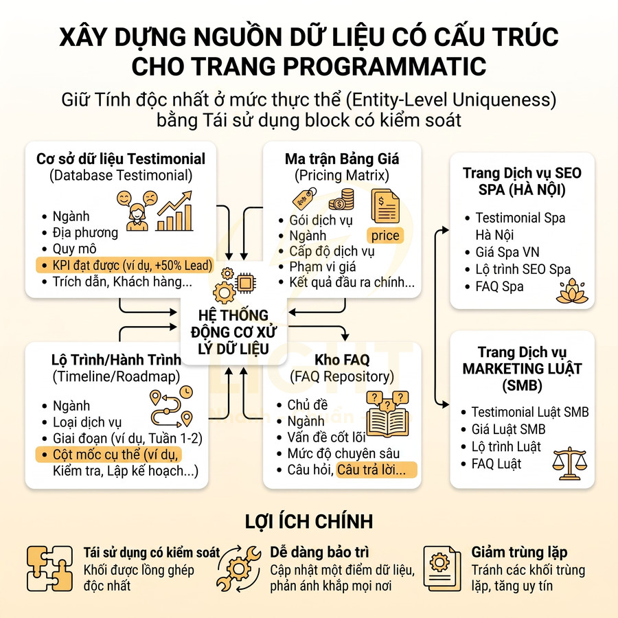 Sơ đồ xây dựng nguồn dữ liệu có cấu trúc cho trang programmatic với testimonial, bảng giá, FAQ và lộ trình dịch vụ