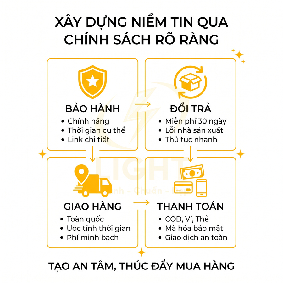 Chính sách bán hàng rõ ràng với bảo hành, đổi trả 30 ngày, giao hàng toàn quốc và thanh toán an toàn