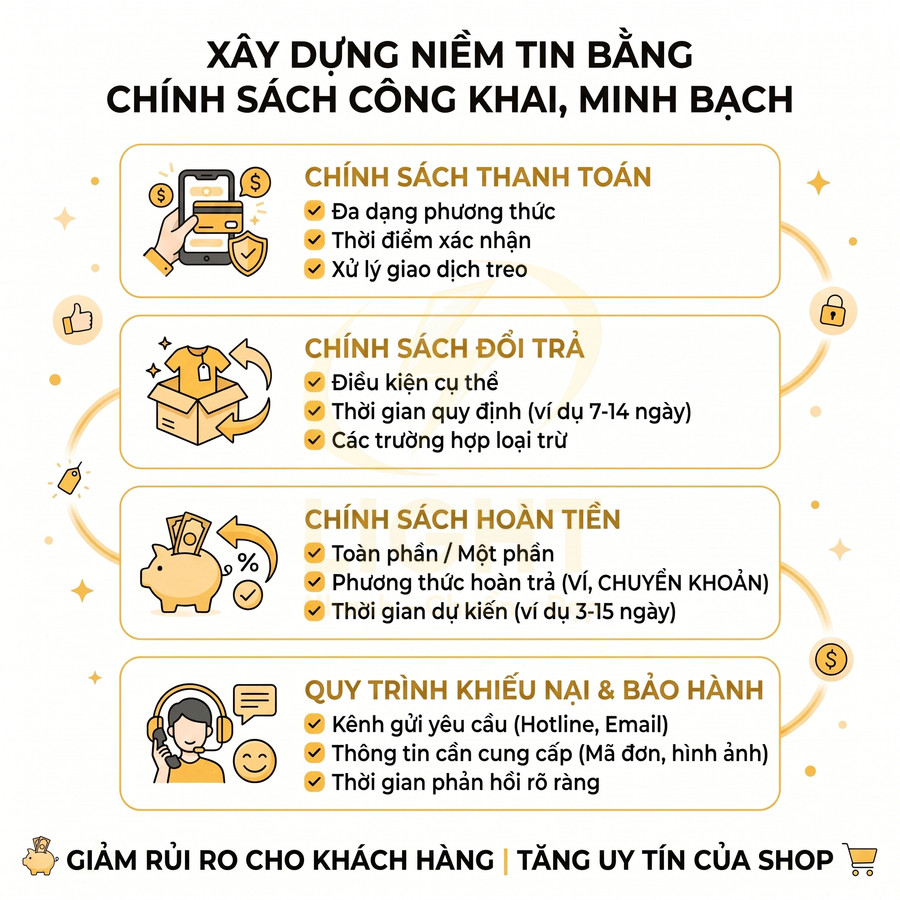 Hướng dẫn xây dựng niềm tin cho shop online với chính sách thanh toán, đổi trả, hoàn tiền, khiếu nại minh bạch