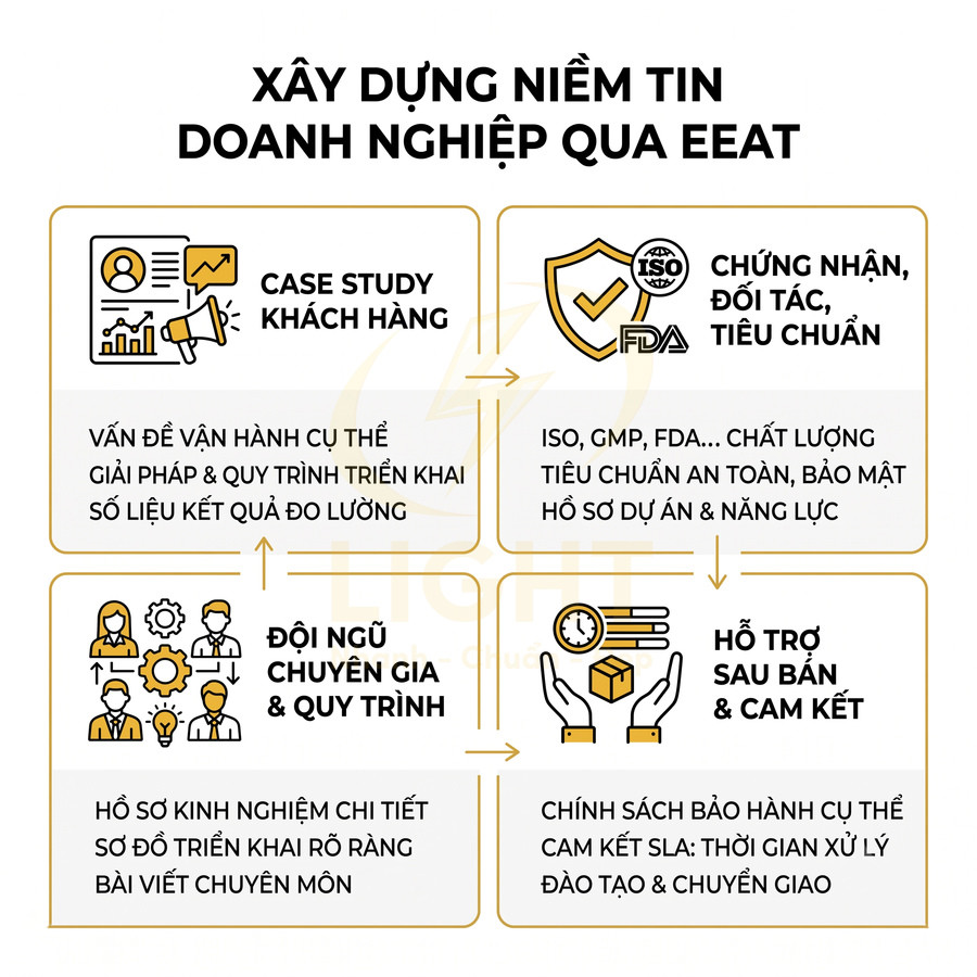 Infographic xây dựng niềm tin doanh nghiệp qua EEAT với case study khách hàng, chứng nhận, đội ngũ chuyên gia và hỗ trợ sau bán