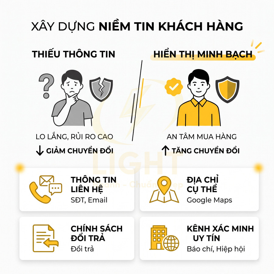 Infographic xây dựng niềm tin khách hàng với thông tin liên hệ, địa chỉ, chính sách đổi trả và kênh xác minh uy tín