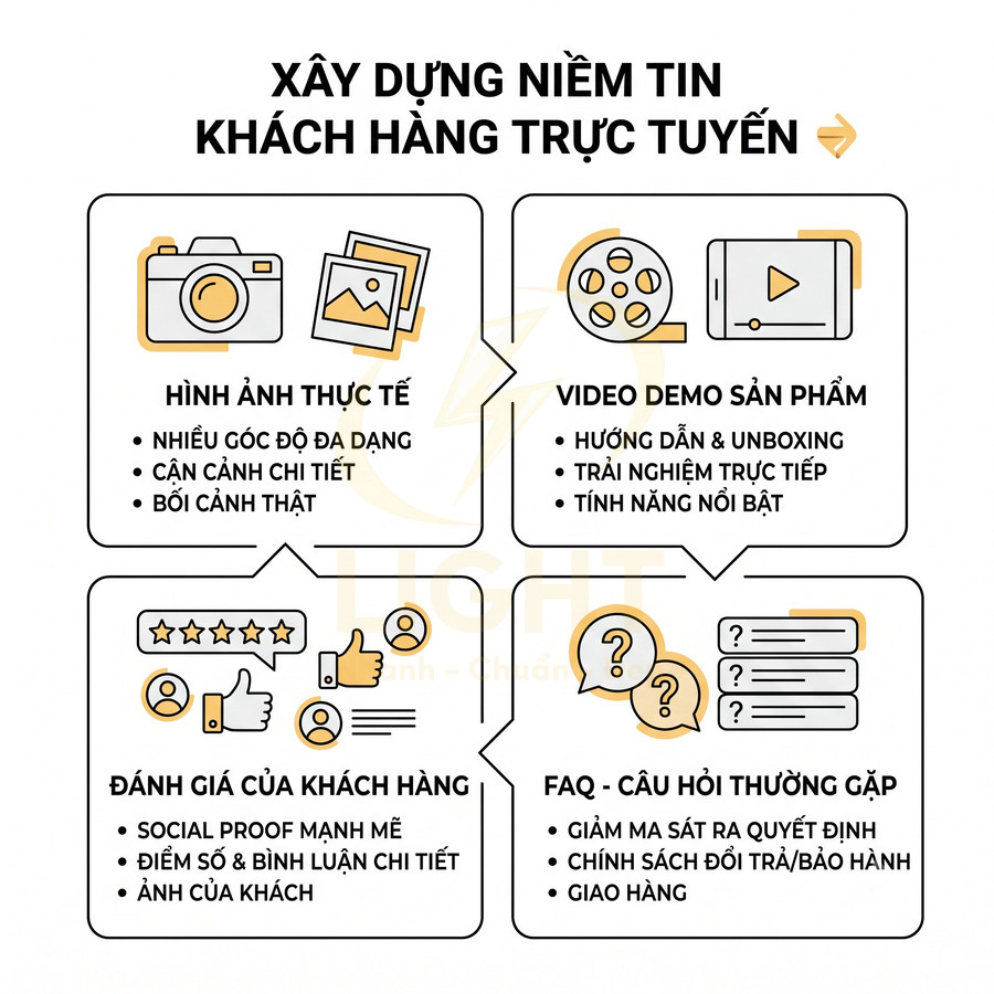 Infographic xây dựng niềm tin khách hàng trực tuyến với hình ảnh thực tế, video demo, đánh giá và mục FAQ