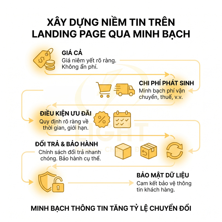 Xây dựng niềm tin trên landing page bằng minh bạch giá cả, chi phí, ưu đãi, đổi trả bảo hành và bảo mật dữ liệu