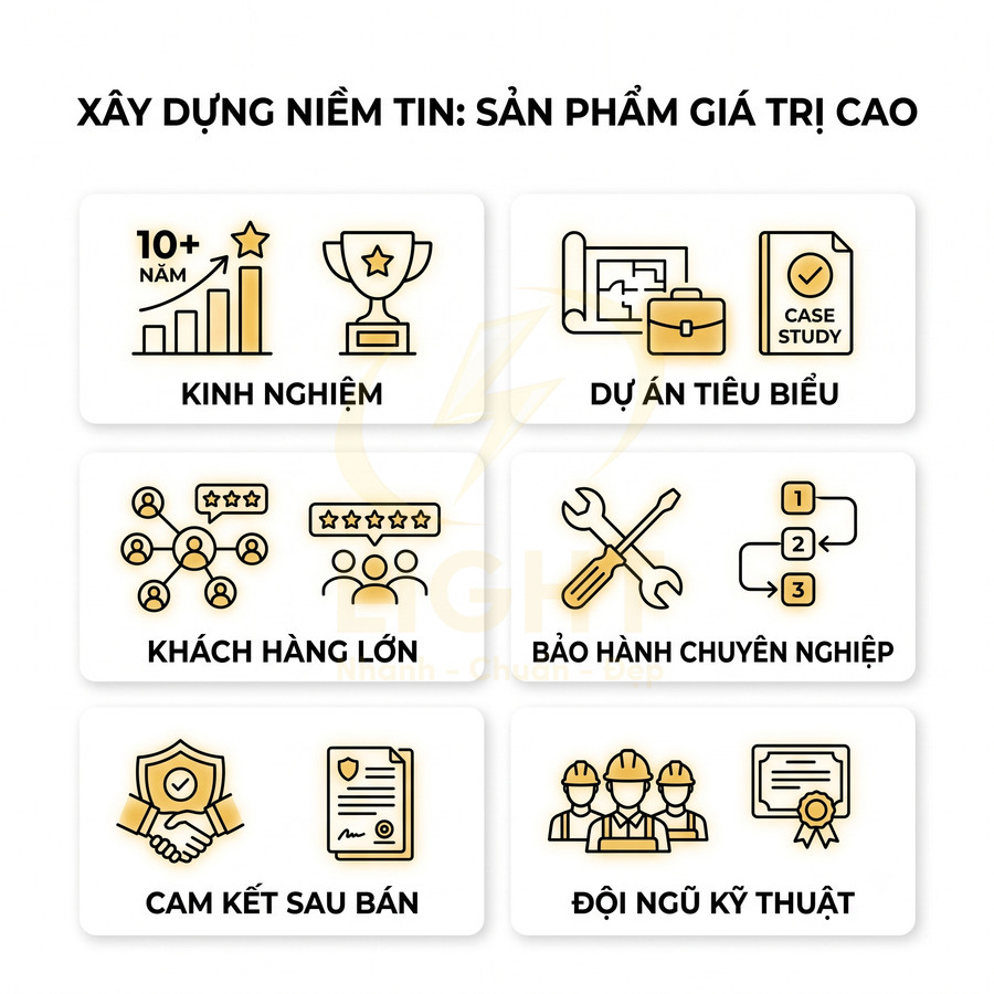Infographic giới thiệu ưu điểm sản phẩm giá trị cao với kinh nghiệm, dự án tiêu biểu, bảo hành và đội ngũ kỹ thuật