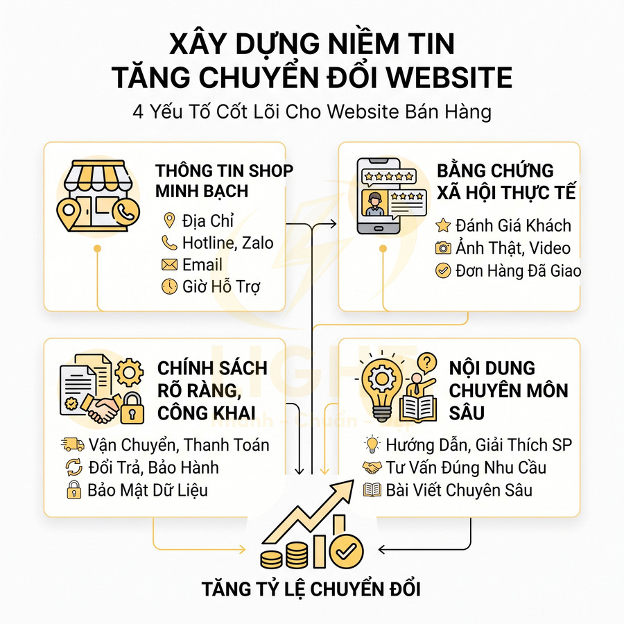 Infographic xây dựng niềm tin tăng chuyển đổi website với 4 yếu tố cốt lõi cho website bán hàng