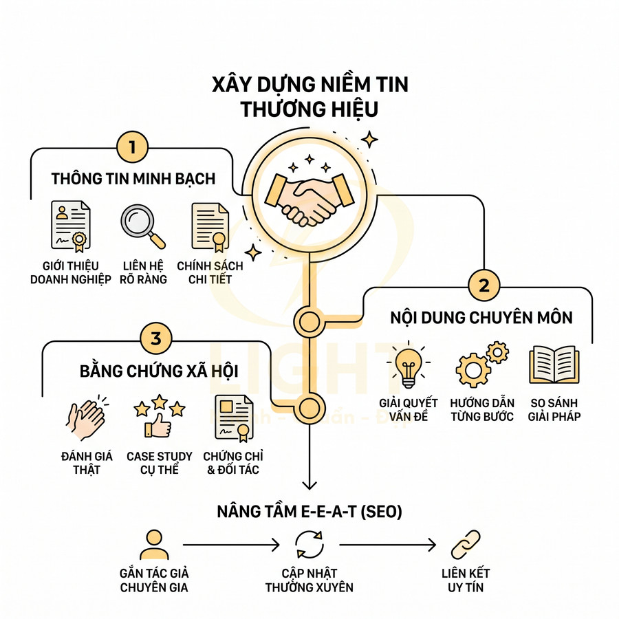 Infographic xây dựng niềm tin thương hiệu với thông tin minh bạch nội dung chuyên môn và bằng chứng xã hội hỗ trợ SEO