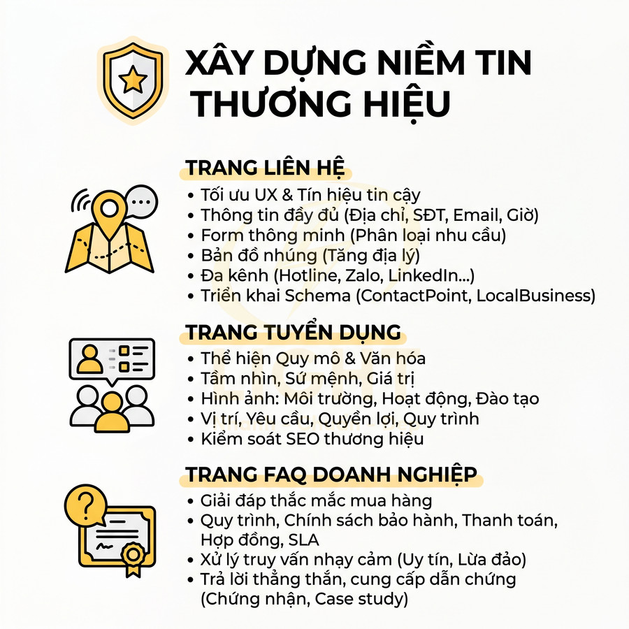 Infographic xây dựng niềm tin thương hiệu với nội dung tối ưu trang liên hệ, tuyển dụng và FAQ doanh nghiệp