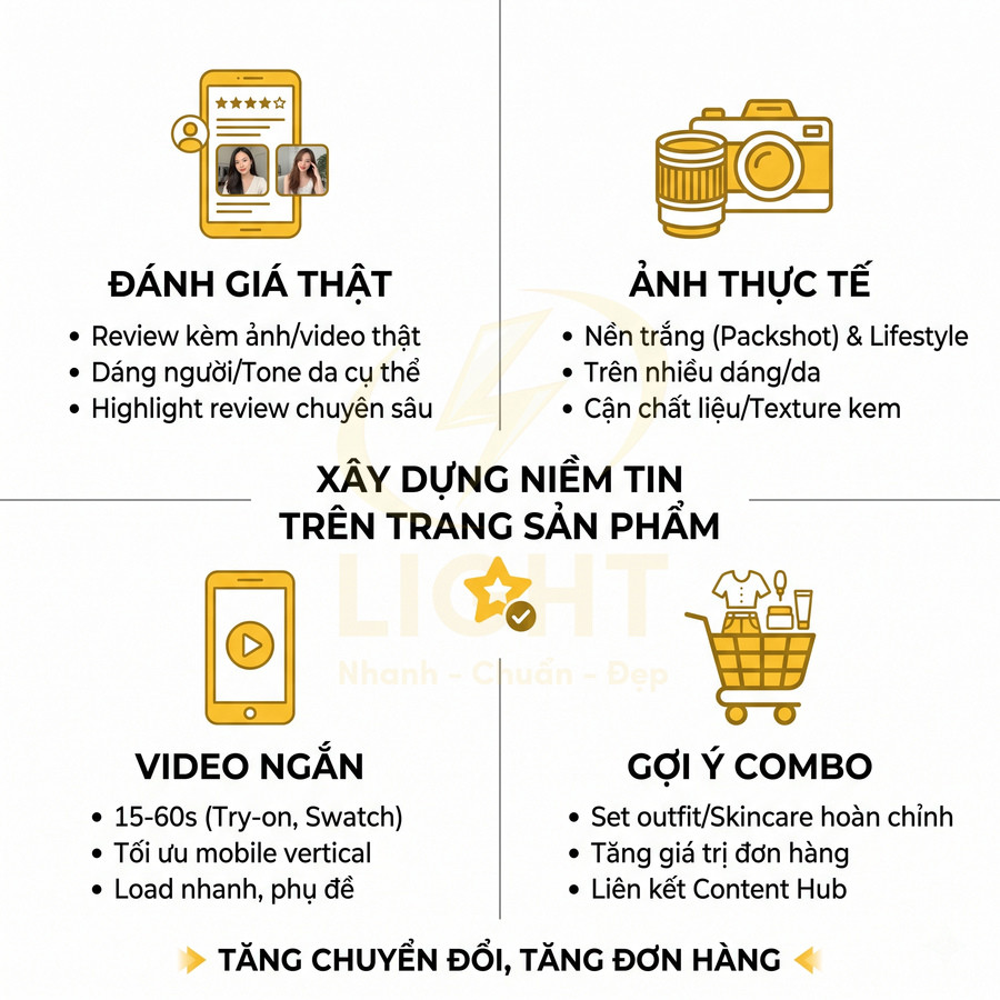Infographic xây dựng niềm tin trên trang sản phẩm với đánh giá thật, ảnh thực tế, video ngắn và gợi ý combo mua sắm
