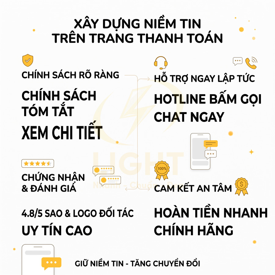 Hướng dẫn xây dựng niềm tin trên trang thanh toán với chính sách rõ ràng, hỗ trợ nhanh, đánh giá uy tín và cam kết hoàn tiền