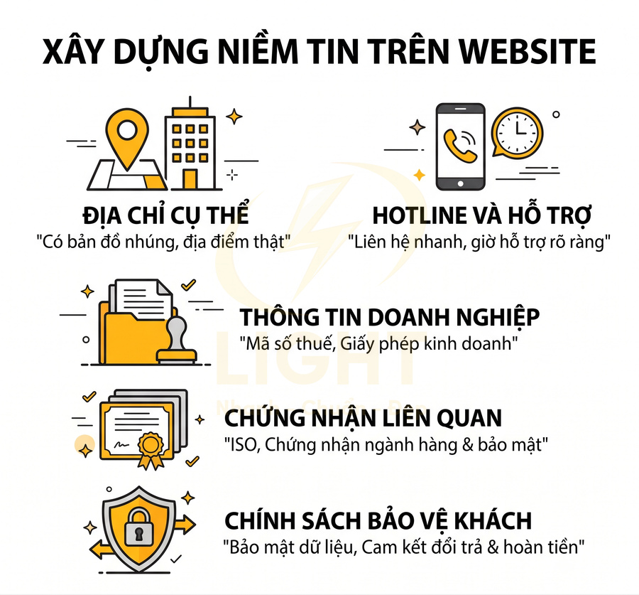 Hướng dẫn xây dựng niềm tin trên website với địa chỉ cụ thể, hotline, thông tin doanh nghiệp, chứng nhận và chính sách bảo vệ khách hàng