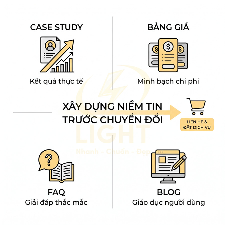 Mô hình xây dựng niềm tin trước chuyển đổi với case study, bảng giá, FAQ, blog và nút liên hệ đặt dịch vụ
