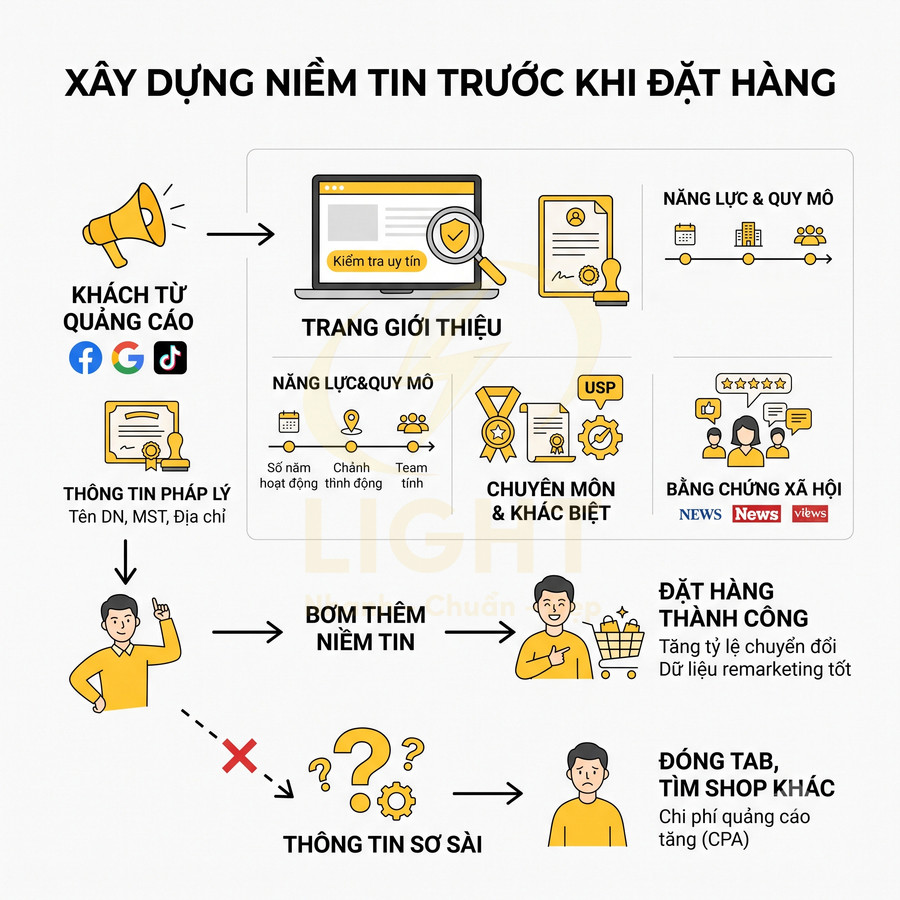 Quy trình xây dựng niềm tin trước khi đặt hàng qua trang giới thiệu doanh nghiệp và thông tin pháp lý
