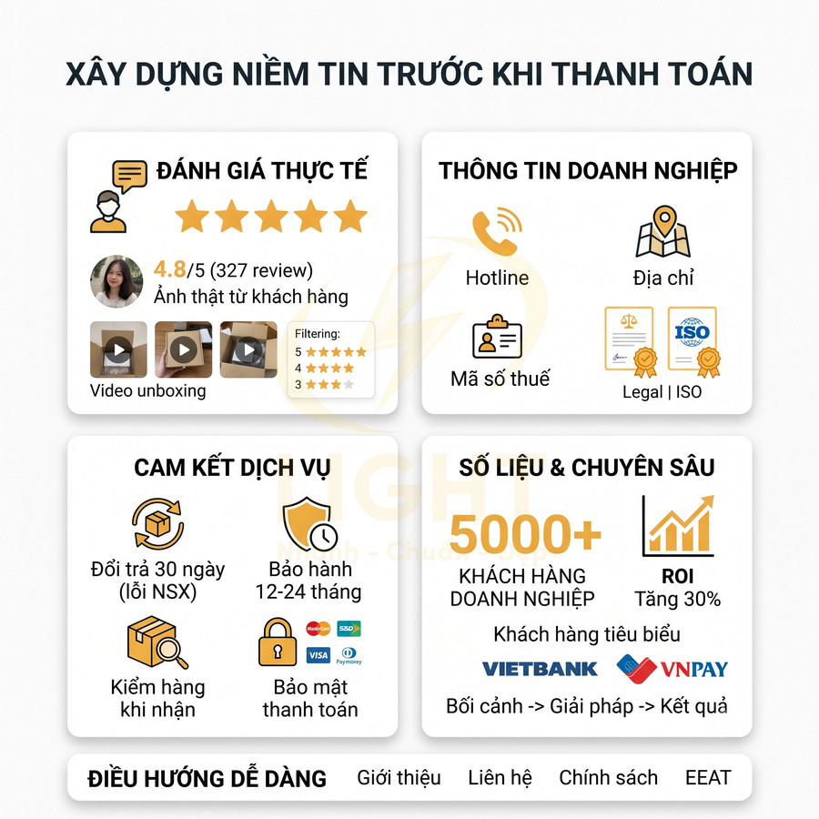 Infographic xây dựng niềm tin trước thanh toán với đánh giá thực tế, cam kết dịch vụ và số liệu khách hàng doanh nghiệp