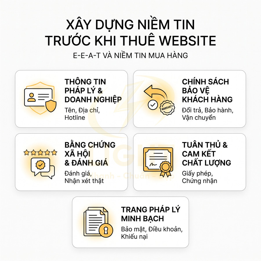 Các yếu tố xây dựng niềm tin trước khi thuê website như pháp lý, chính sách bảo vệ, đánh giá và cam kết chất lượng