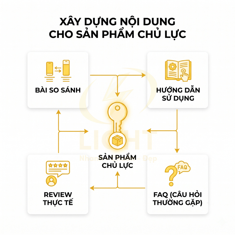 Sơ đồ xây dựng nội dung xoay quanh sản phẩm chủ lực với bài so sánh, hướng dẫn, review và FAQ