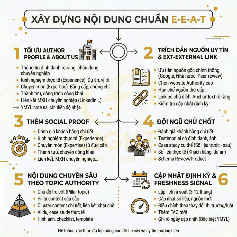 Infographic hướng dẫn xây dựng nội dung chuẩn E-E-A-T với 6 bước tối ưu uy tín và chuyên môn website