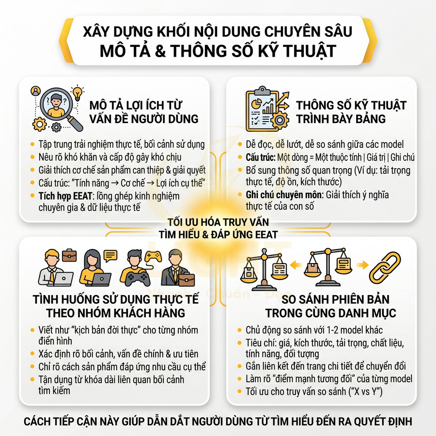 Infographic hướng dẫn xây dựng nội dung mô tả và thông số kỹ thuật sản phẩm chuẩn SEO và đáp ứng EEAT