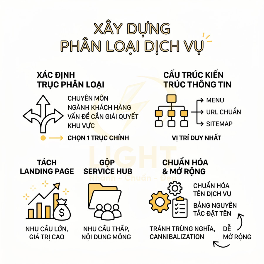 Hướng dẫn xây dựng phân loại dịch vụ với các bước xác định trục, cấu trúc thông tin, tách landing page và chuẩn hóa dịch vụ