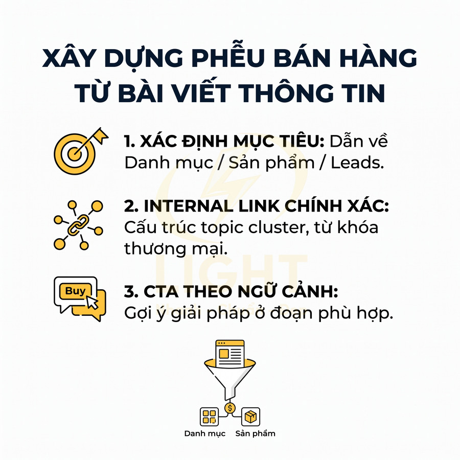 Hướng dẫn xây dựng phễu bán hàng từ bài viết thông tin với mục tiêu, internal link và CTA theo ngữ cảnh