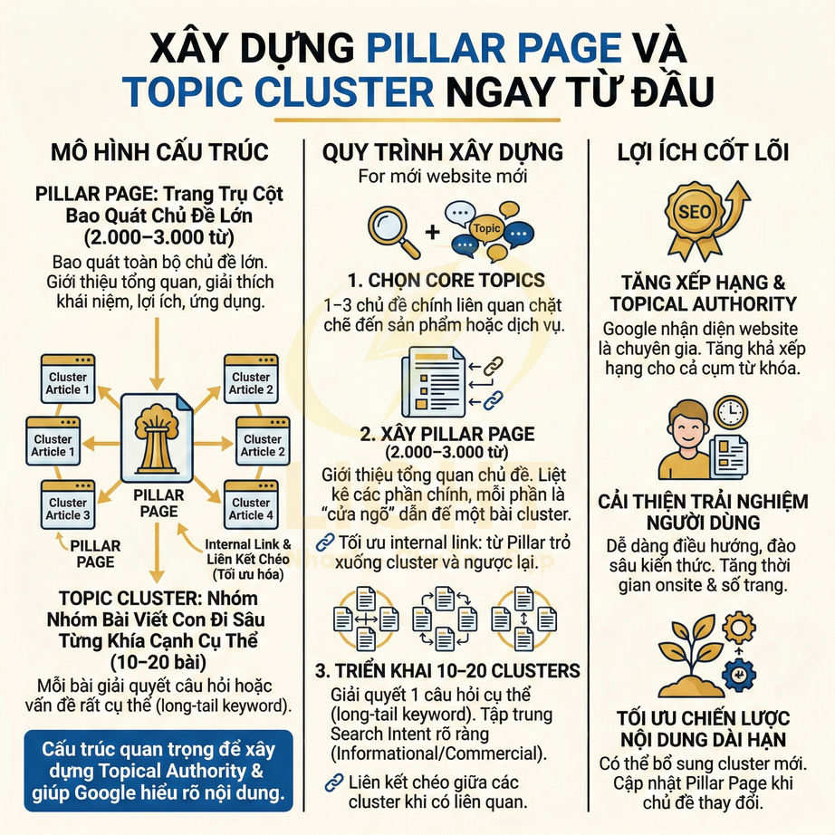 Infographic hướng dẫn xây dựng pillar page và topic cluster chuẩn SEO, mô tả mô hình cấu trúc, quy trình và lợi ích