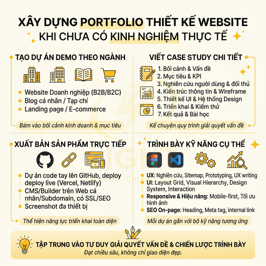 Hướng dẫn xây dựng portfolio thiết kế website khi chưa có kinh nghiệm với demo, case study, GitHub và kỹ năng UIUX SEO