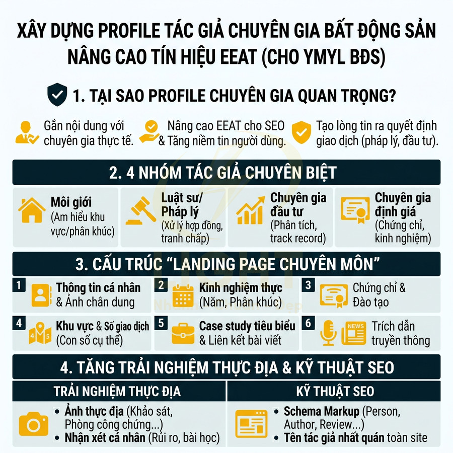 Infographic xây dựng profile tác giả chuyên gia bất động sản nâng cao tín hiệu EEAT cho SEO YMYL BĐS