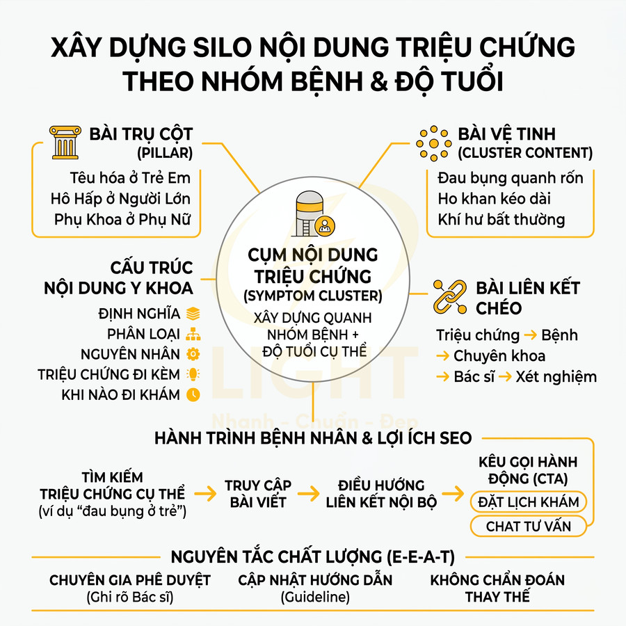 Infographic xây dựng silo nội dung triệu chứng theo nhóm bệnh và độ tuổi cho website y tế chuẩn SEO