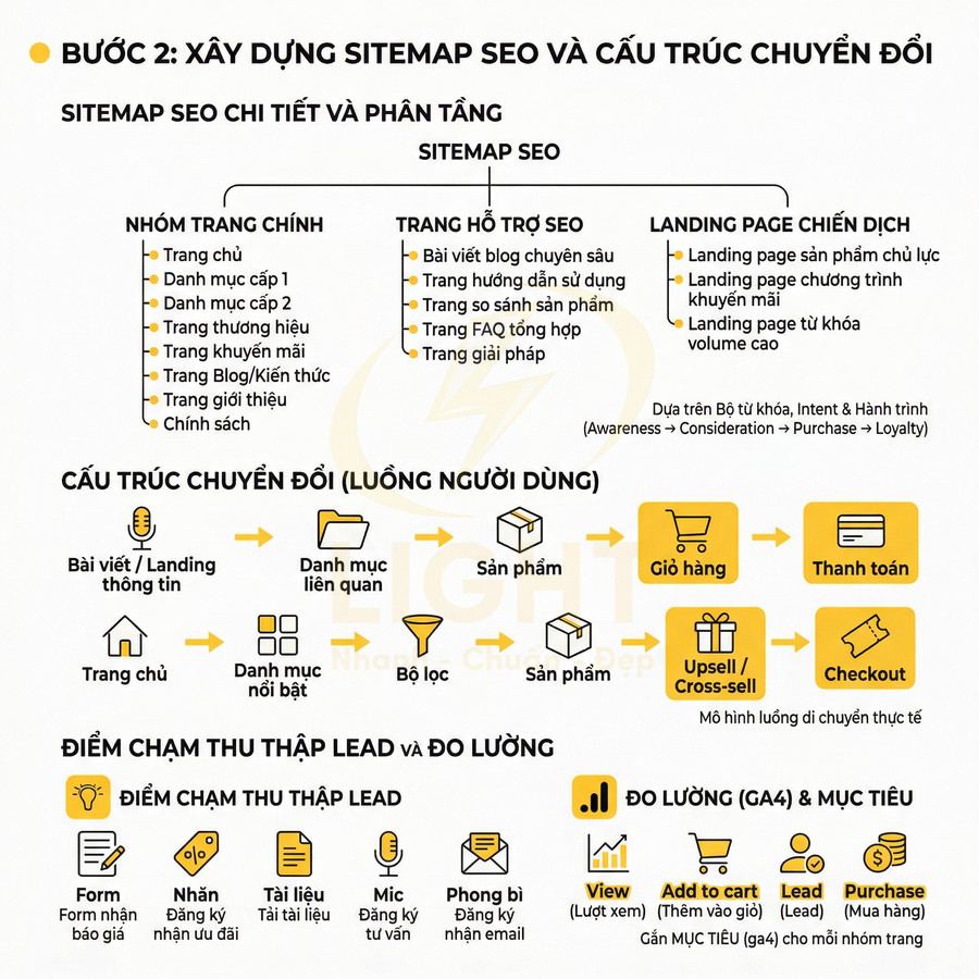 Sơ đồ xây dựng sitemap SEO, cấu trúc chuyển đổi và điểm chạm thu thập lead cho website bán hàng