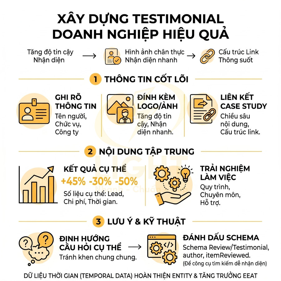 Hướng dẫn xây dựng testimonial doanh nghiệp hiệu quả với thông tin cốt lõi, nội dung tập trung và lưu ý kỹ thuật