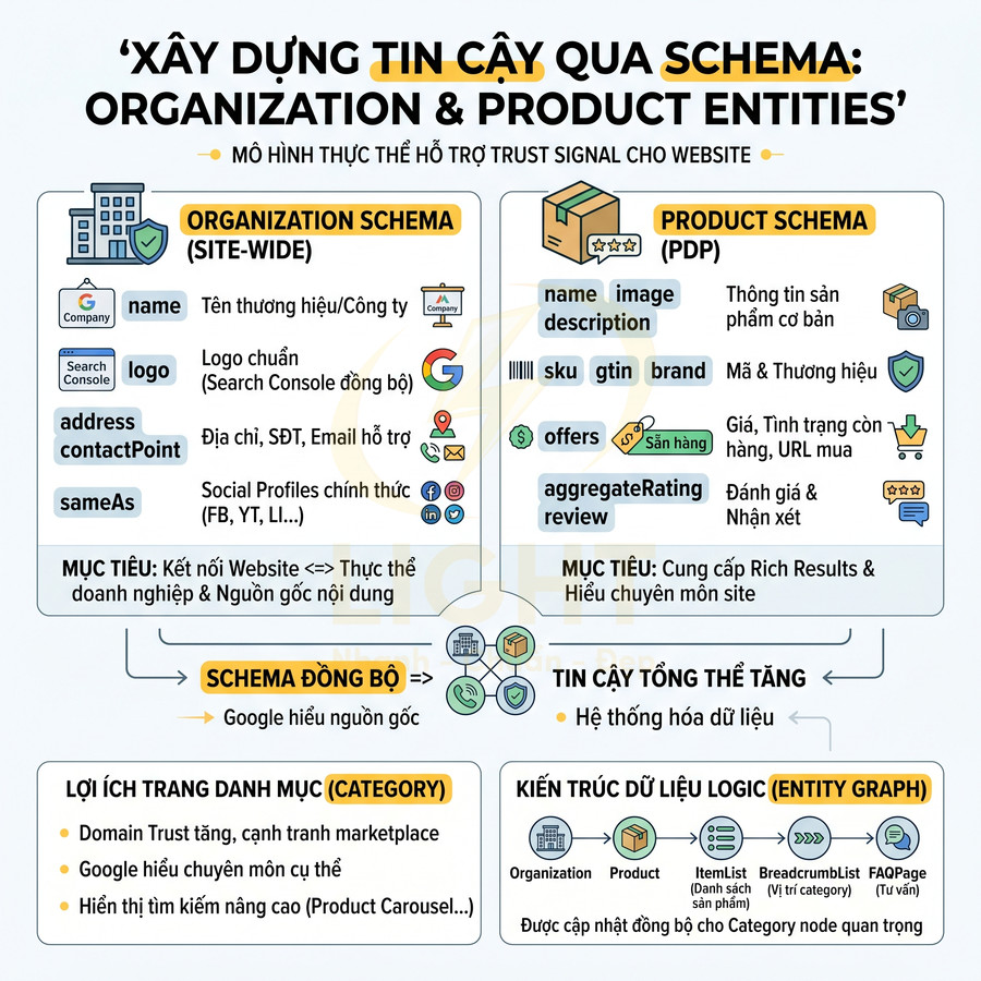Sơ đồ hướng dẫn triển khai schema Organization và Product để tăng độ tin cậy và rich results cho website