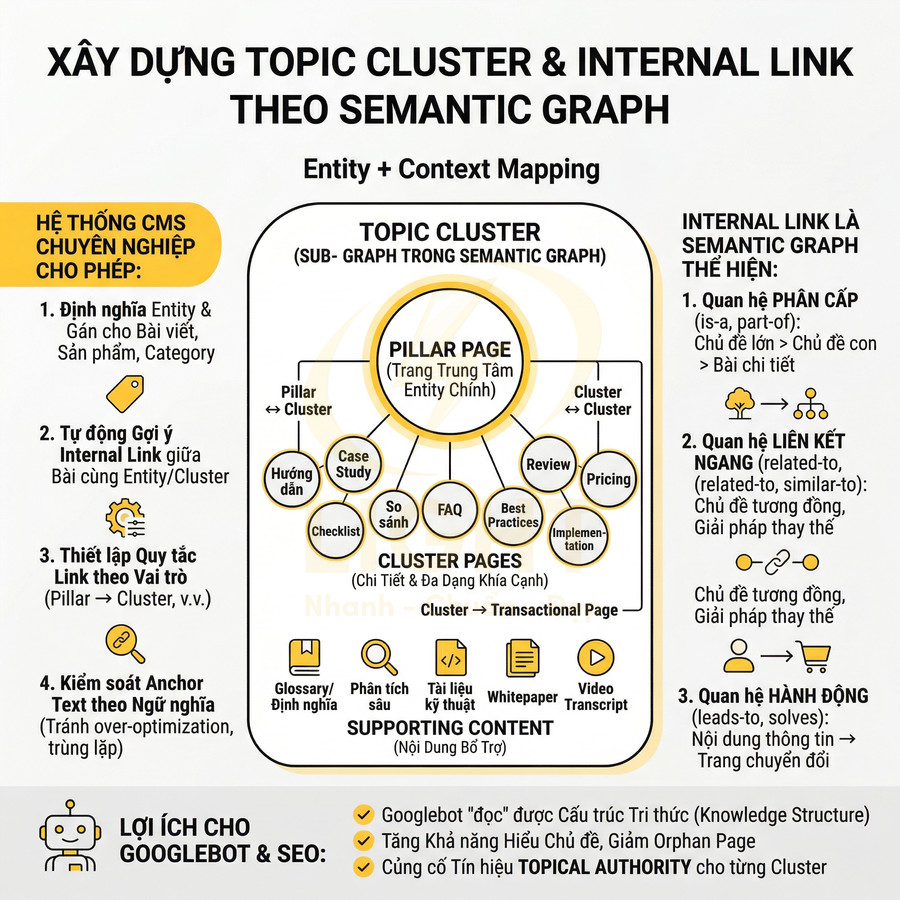Sơ đồ xây dựng topic cluster và internal link theo semantic graph cho chiến lược SEO website