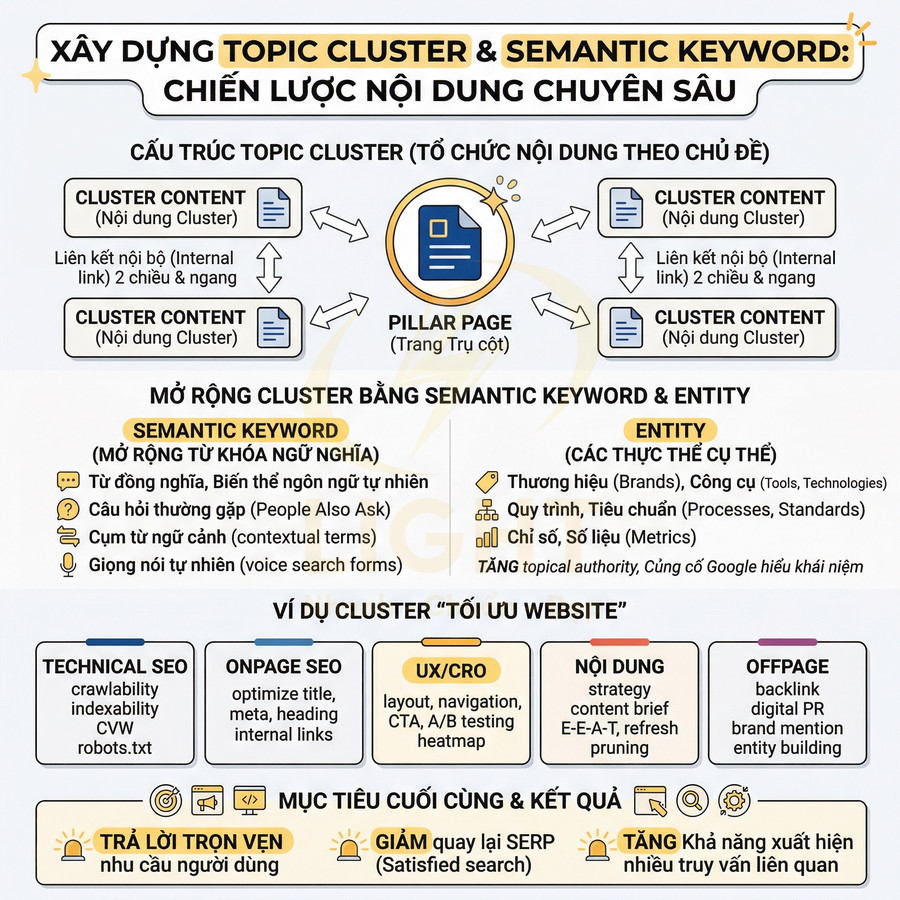 Sơ đồ xây dựng topic cluster và semantic keyword cho chiến lược nội dung SEO chuyên sâu