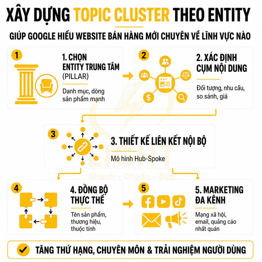 Hướng dẫn xây dựng topic cluster theo entity cho website bán hàng, gồm 5 bước tối ưu SEO và marketing đa kênh