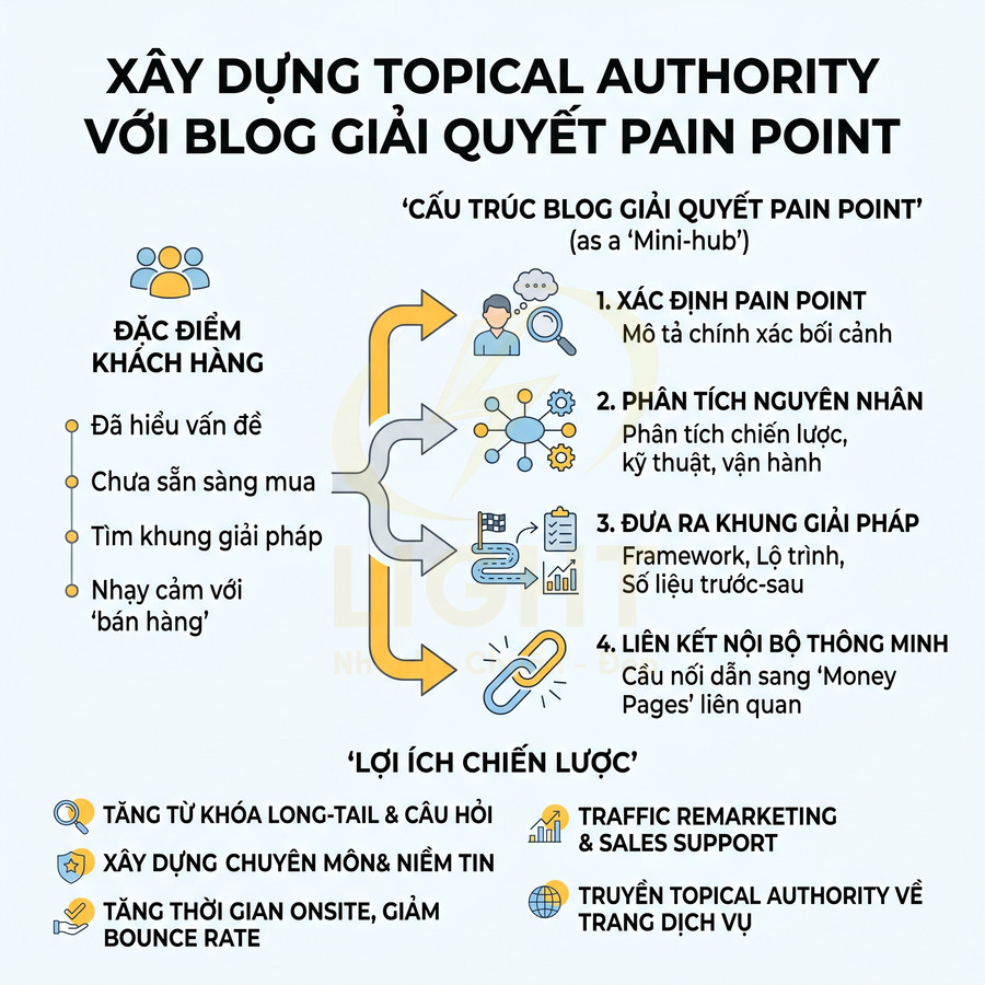 Infographic xây dựng topical authority với blog giải quyết pain point, mô tả cấu trúc bài viết và lợi ích chiến lược SEO
