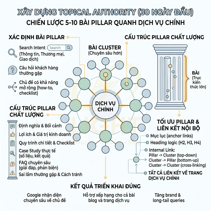 Sơ đồ chiến lược xây dựng topical authority với bài pillar và cluster quanh dịch vụ chính trong SEO