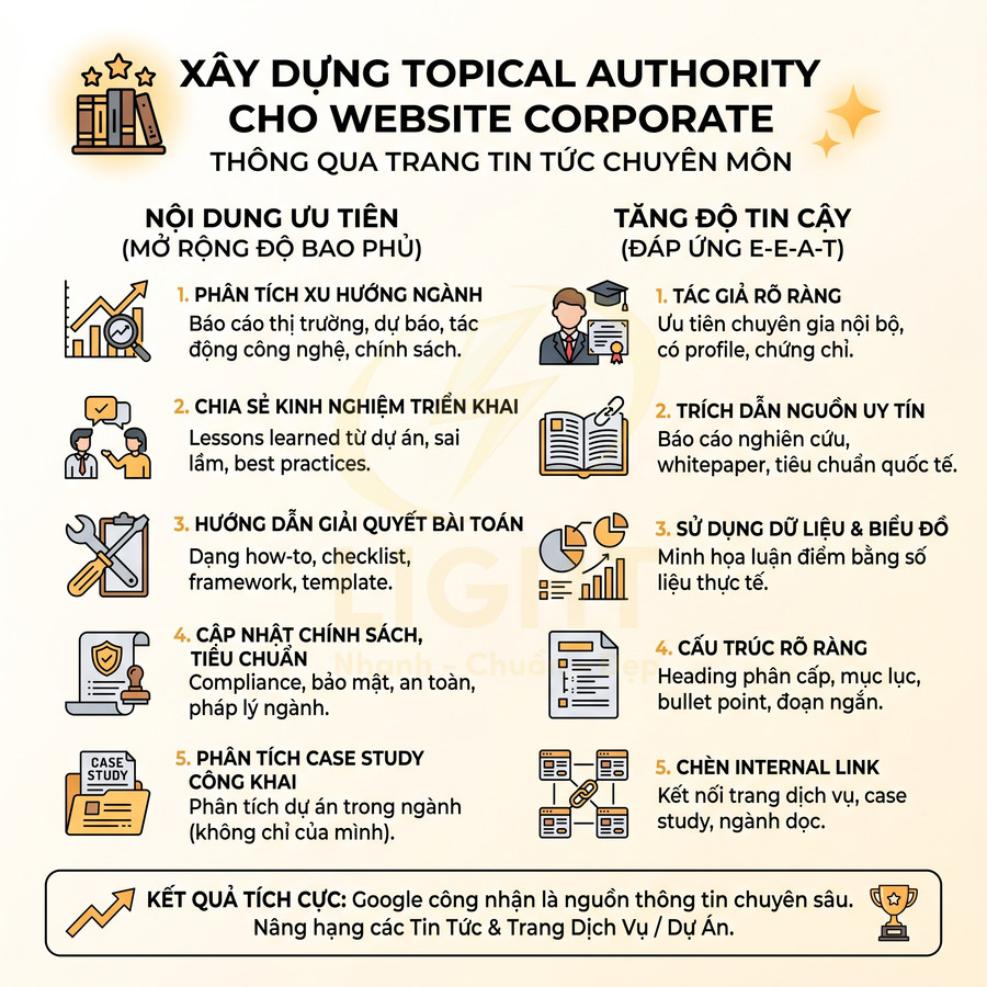 Infographic xây dựng topical authority cho website corporate qua nội dung ưu tiên và tăng độ tin cậy E-E-A-T
