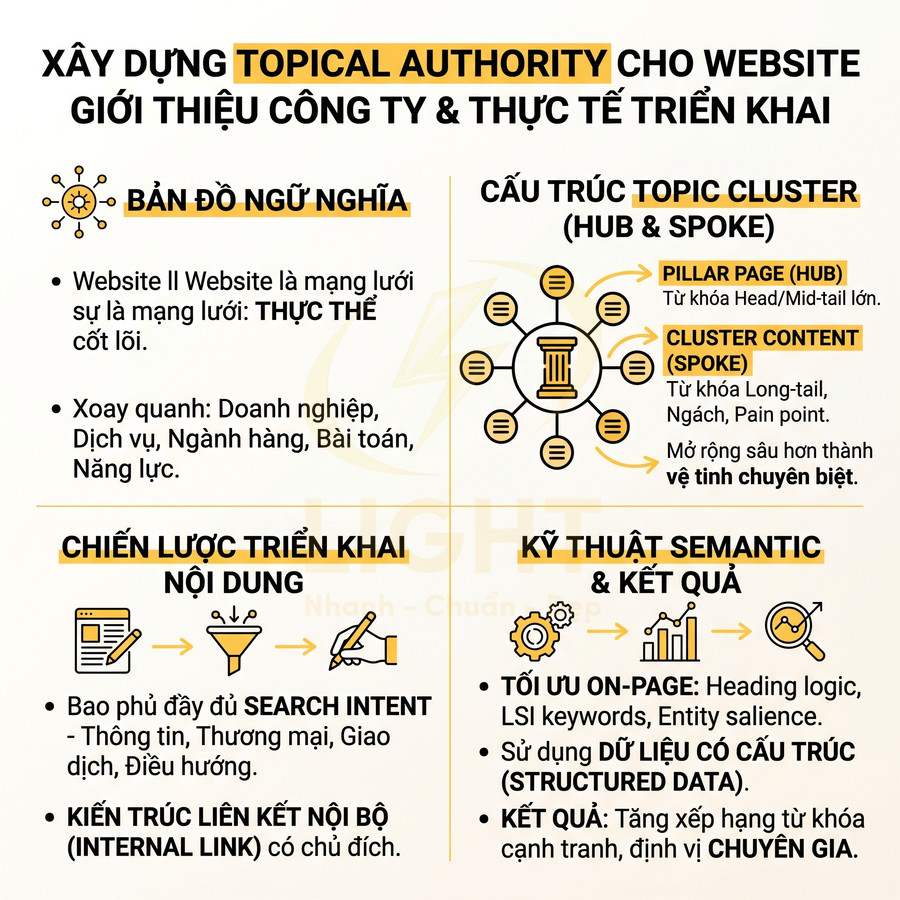 Infographic xây dựng topical authority cho website giới thiệu công ty với bản đồ ngữ nghĩa, topic cluster và chiến lược nội dung