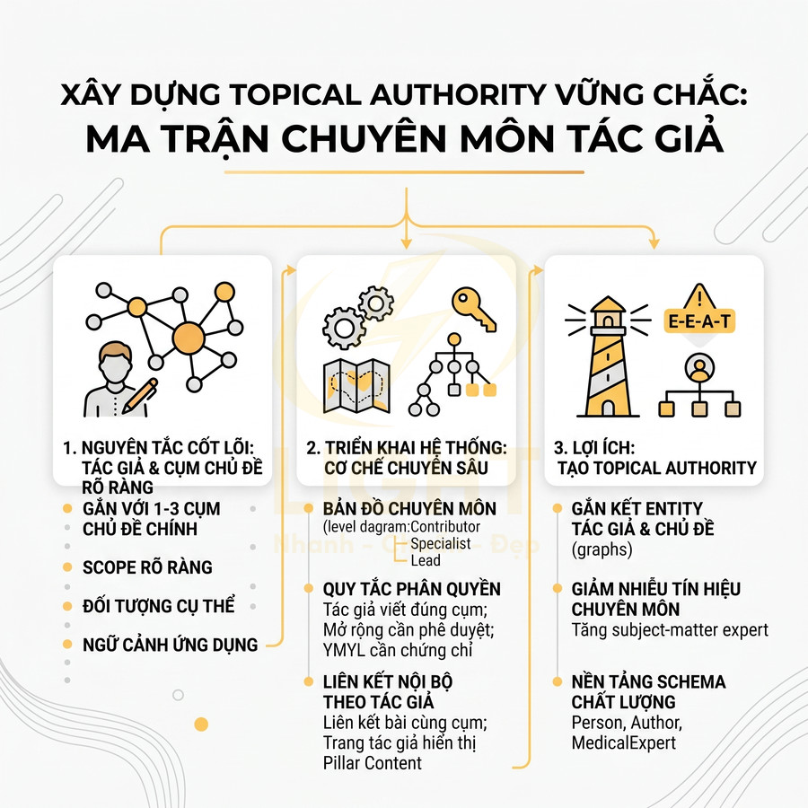 Ma trận chuyên môn tác giả xây dựng topical authority với nguyên tắc, triển khai hệ thống và lợi ích chi tiết