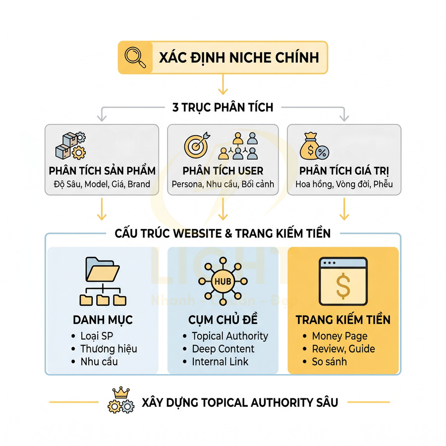 Sơ đồ quy trình xác định niche, phân tích sản phẩm user giá trị và xây dựng cấu trúc website kiếm tiền