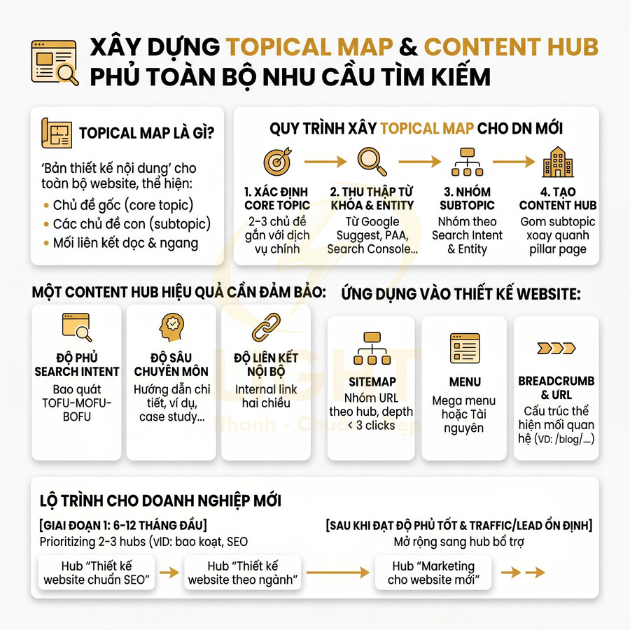 Hướng dẫn xây dựng topical map và content hub chuẩn SEO cho website, tối ưu cấu trúc nội dung và liên kết nội bộ