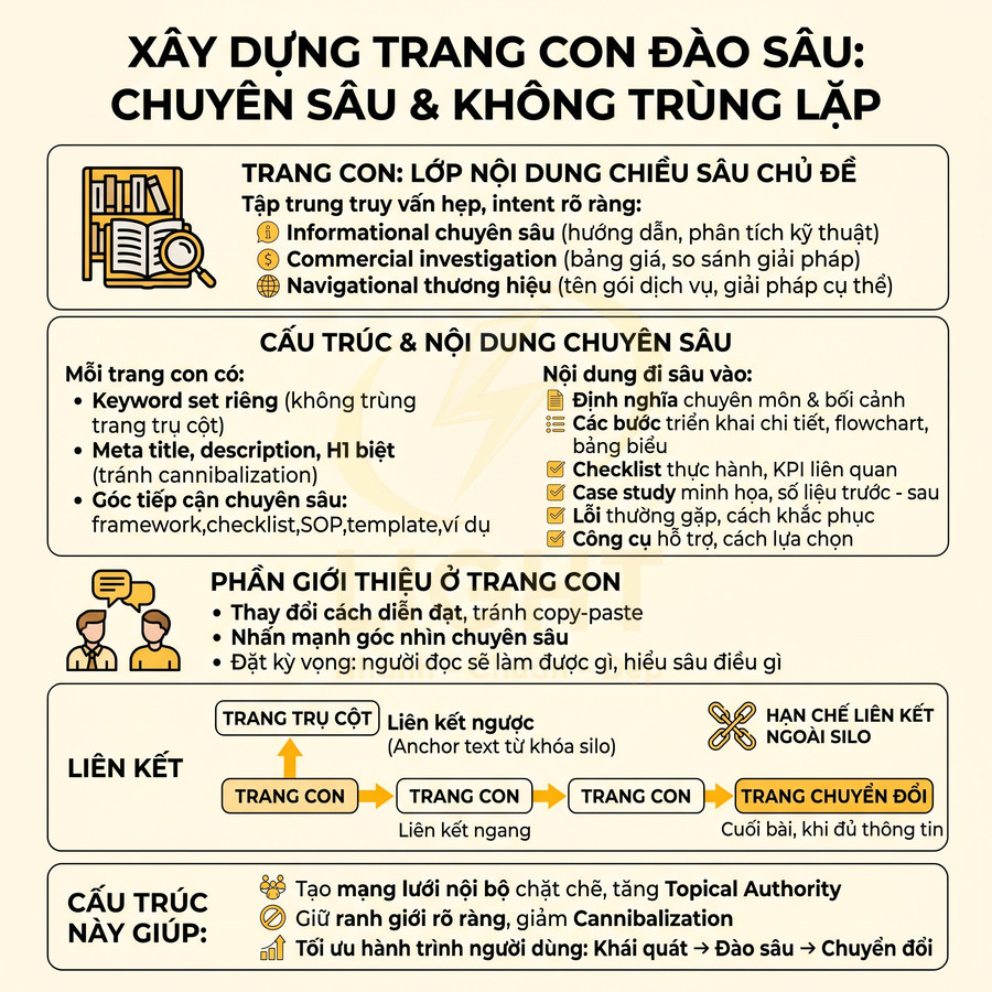 Infographic hướng dẫn xây dựng trang con đào sâu nội dung SEO, cấu trúc liên kết và tối ưu topical authority