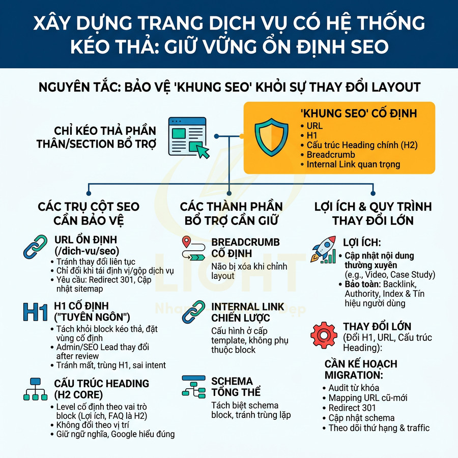 Infographic hướng dẫn xây dựng trang dịch vụ có hệ thống kéo thả giữ ổn định SEO và bảo vệ khung SEO