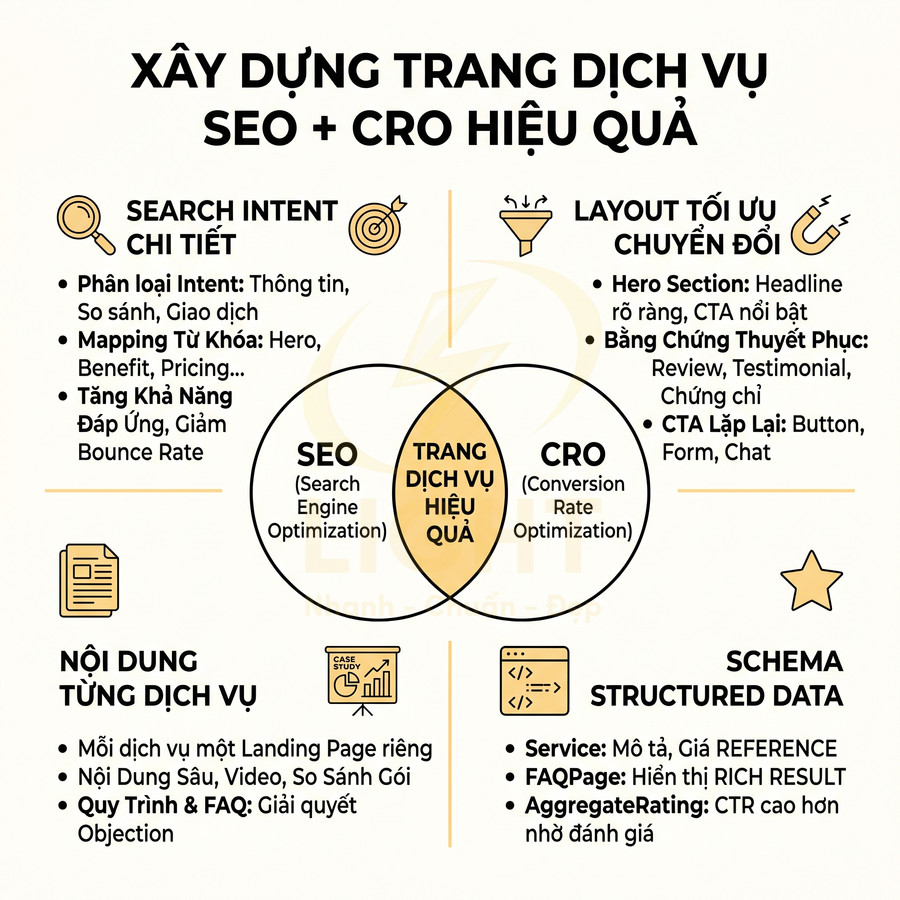Hướng dẫn xây dựng trang dịch vụ SEO và CRO hiệu quả với search intent, layout, nội dung và schema structured data