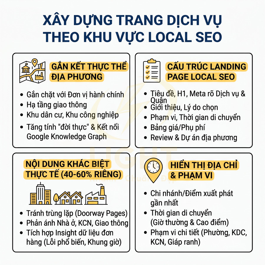 Hướng dẫn xây dựng trang dịch vụ theo khu vực Local SEO với cấu trúc landing page và nội dung khác biệt