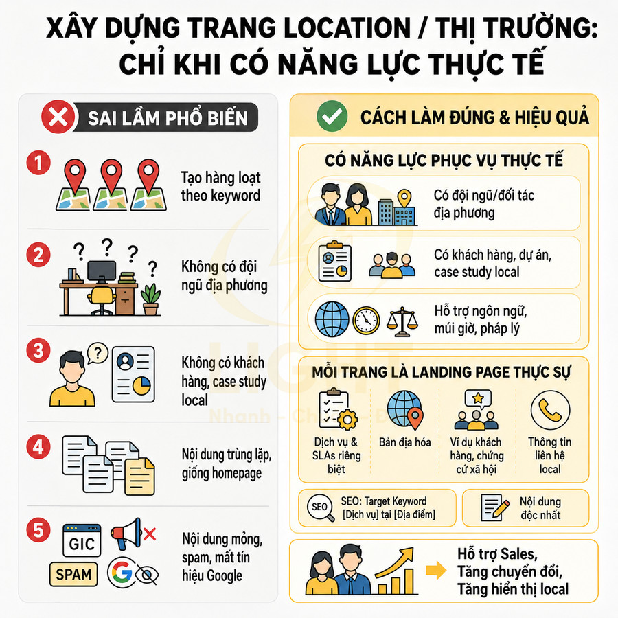 Infographic hướng dẫn xây dựng trang location thị trường chuẩn SEO với sai lầm phổ biến và cách làm đúng hiệu quả