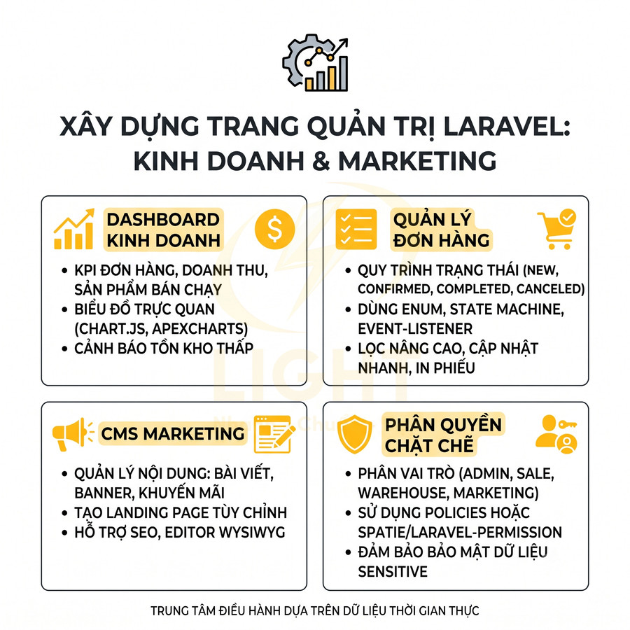 Mô tả tính năng trang quản trị kinh doanh và marketing xây dựng bằng Laravel với dashboard, quản lý đơn hàng, CMS và phân quyền