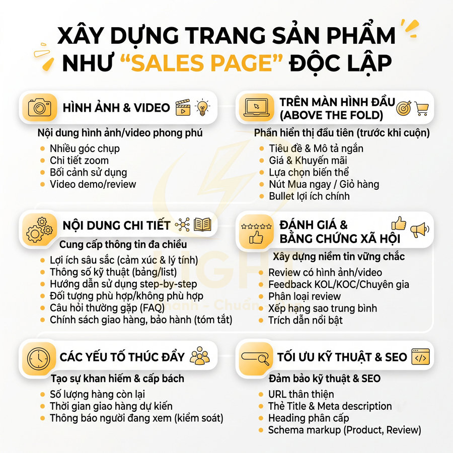 Hướng dẫn xây dựng trang sản phẩm như sales page độc lập với hình ảnh, nội dung, đánh giá và tối ưu SEO