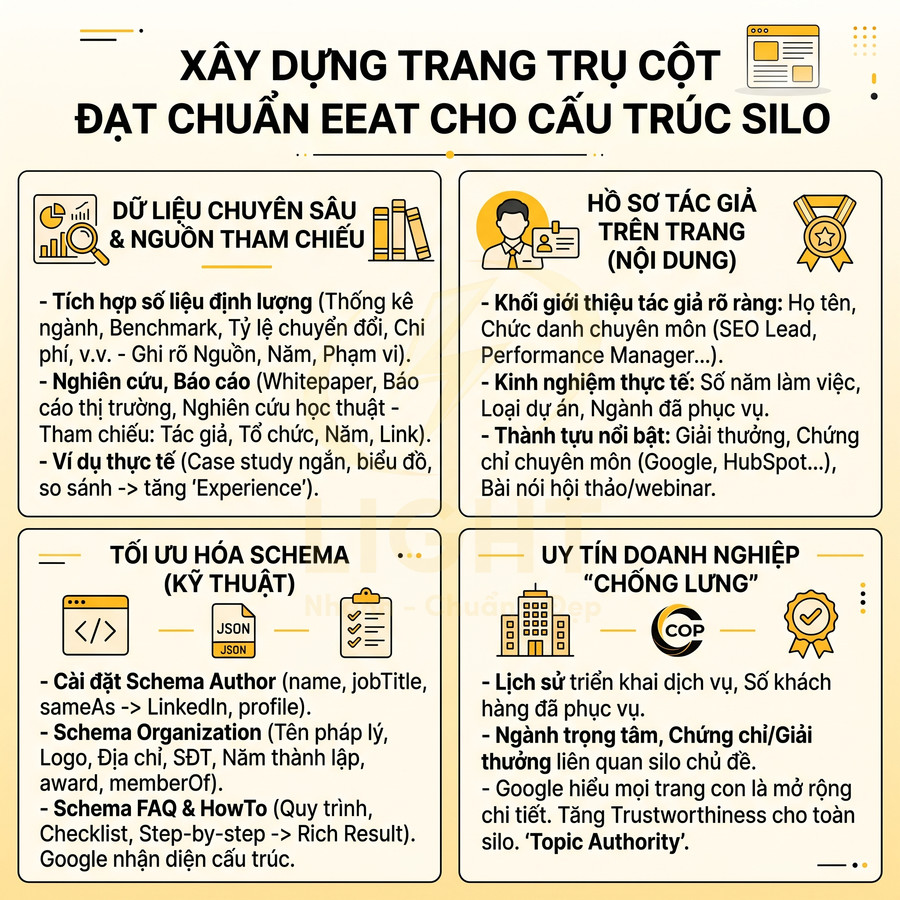 Infographic hướng dẫn xây dựng trang trụ cột chuẩn EEAT cho cấu trúc silo với bốn nhóm nội dung chính